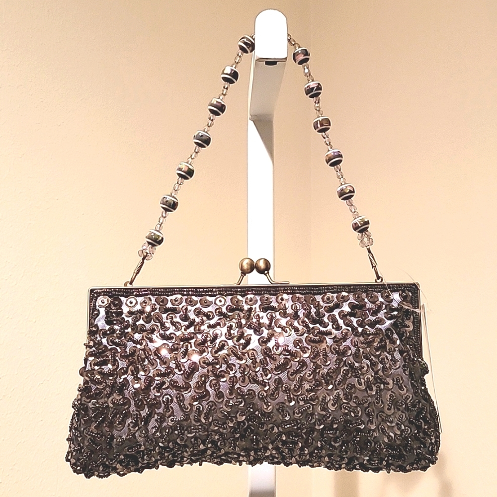 VINTAGE MATTINA T. GRAY SATIN EVENING BAG WITH SEQUINS/BEADED OVERLAY DETAIL